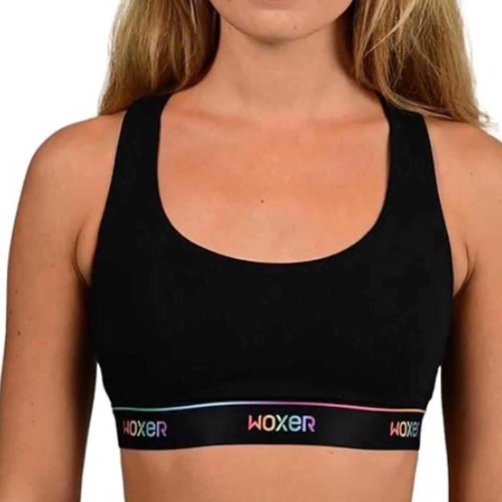 Woxer the Boss Bralette in Black Rainbow Logo, M